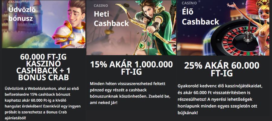 </strong> igencsak kiemelkedő, ha a cashback bónuszokat nézzük! Háromféle ajánlat is elérhető az oldalon, köztük egy 15%-os, akár 1.000.000 Ft-os heti visszatérítés a VIP 3. szintet elért tagoknak.