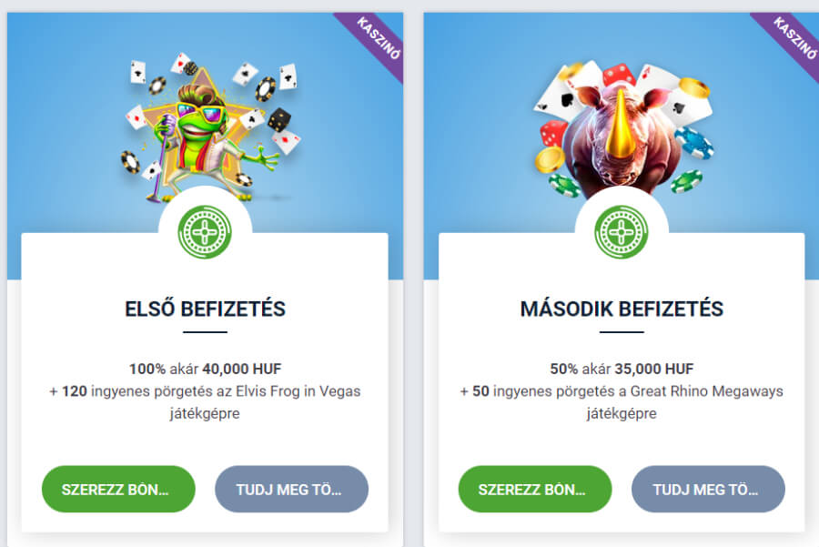 A már említett üdvözlő bónusz ajánlat keretein belül a  <strong>120</strong>  ingyen pörgetés mellett a második befizetésnél további  <strong>50 pörgetést</strong>  zsebelhetsz be, melyet a Great Rhino Megaways nyerőgépen használhatsz fel.